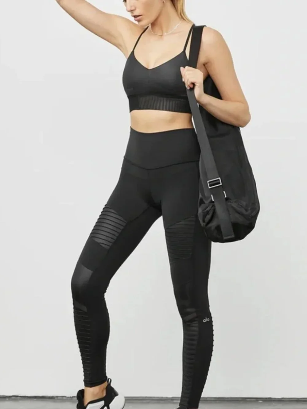 Alo Yoga Moto Leggings Ribbed Mesh High Waisted Stretch Pants Black Size Small